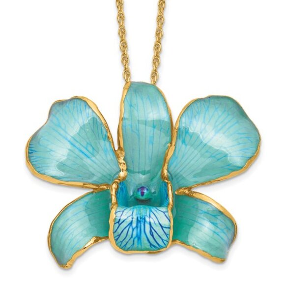 24k Gold Trim lacquer Dipped Real Dendrobium Orchid 20 inch Gold-tone Necklace - Picture 12 of 13